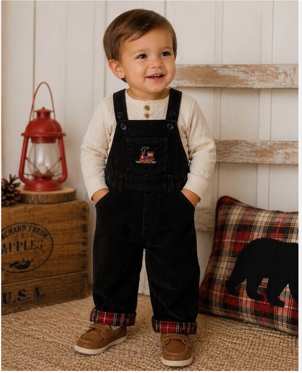 J Khaki Toddler Boys 24M Corduroy Overalls NWT Black Plaid Cuff Train Pocket